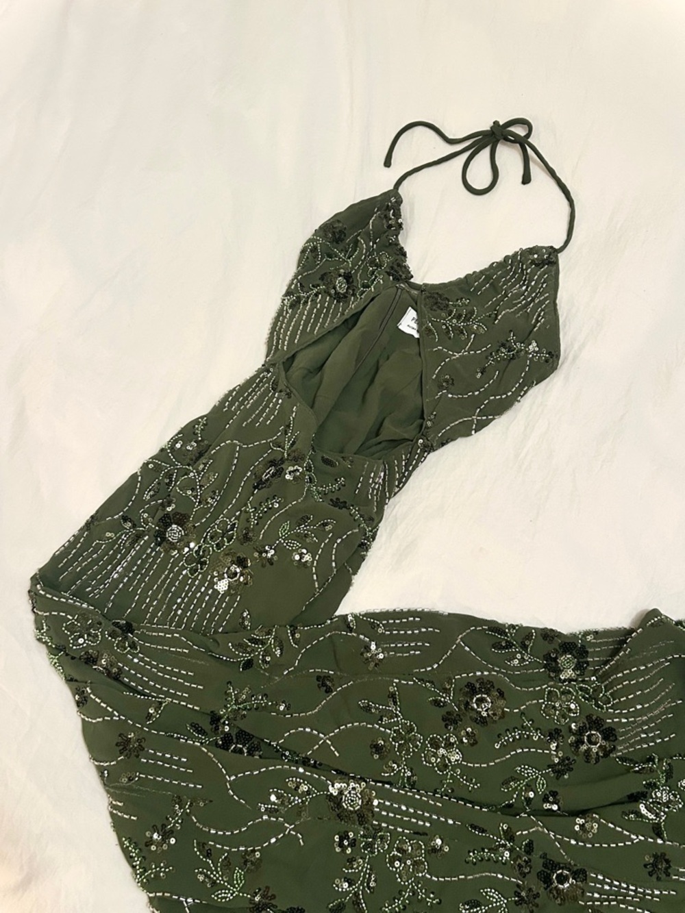 Olive Green Beaded Halter Evening Dress - Picture 2 of 5